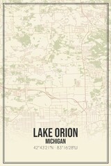 Retro US city map of Lake Orion, Michigan. Vintage street map.