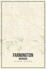 Retro US city map of Farmington, Michigan. Vintage street map.