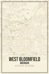 Retro US city map of West Bloomfield, Michigan. Vintage street map.