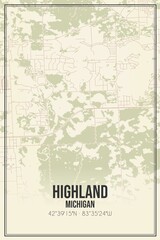 Retro US city map of Highland, Michigan. Vintage street map.