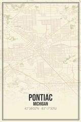 Retro US city map of Pontiac, Michigan. Vintage street map.