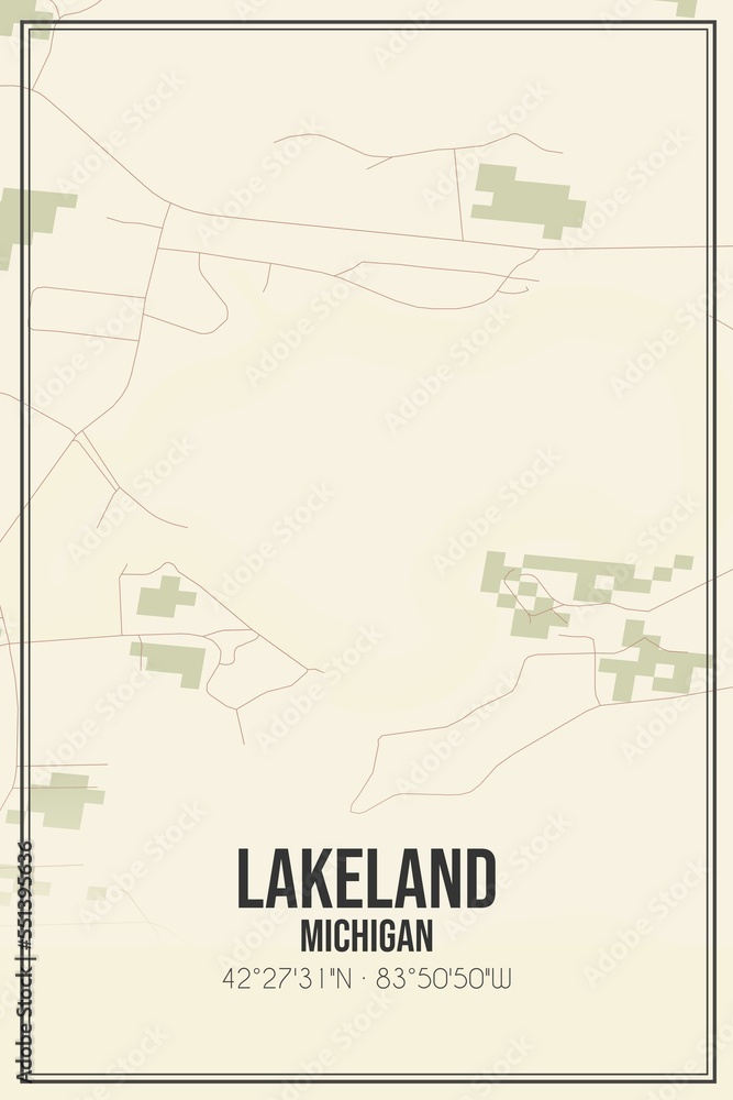 Wall mural Retro US city map of Lakeland, Michigan. Vintage street map.