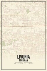 Retro US city map of Livonia, Michigan. Vintage street map.