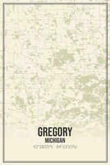 Retro US city map of Gregory, Michigan. Vintage street map.