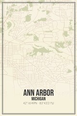 Retro US city map of Ann Arbor, Michigan. Vintage street map.