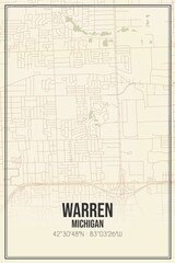 Retro US city map of Warren, Michigan. Vintage street map.