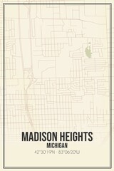 Retro US city map of Madison Heights, Michigan. Vintage street map.