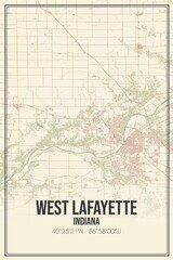 Retro US city map of West Lafayette, Indiana. Vintage street map.