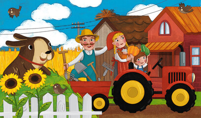 cartoon ranch scene with happy farmer family and dog illustration