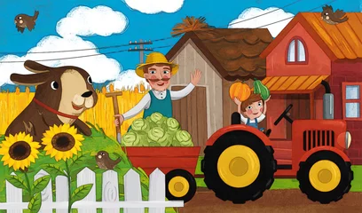 Gardinen cartoon ranch scene with happy farmer family and dog illustration © honeyflavour