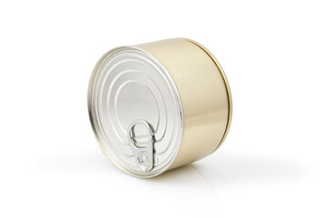 Metal tin can isolated on white background. Full depth of field. Close-up