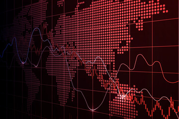 Candlestick chart, line graph and bar chart. World stock market index fall.