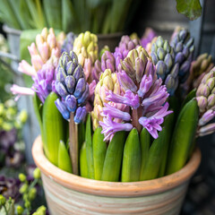 hyacinths flowers bouquet in a large basket for sale at the entrance to the store as a decoration