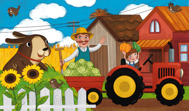 cartoon ranch scene with happy farmer family and dog illustration