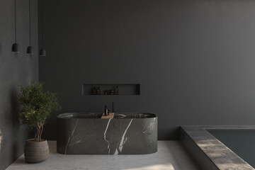 Front view of a bathroom interior with a marble bathtub, concrete floor and dark wall, pool, plant. 3d rendering
