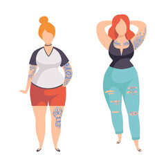 Fototapeta premium Tattooed or Inked Woman in Standing Pose with Plump Body Vector Set