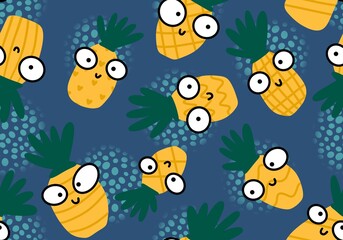 Fototapeta na wymiar Fruit seamless cartoon pineapple pattern for wrapping paper and fabrics and linens and kids clothes print