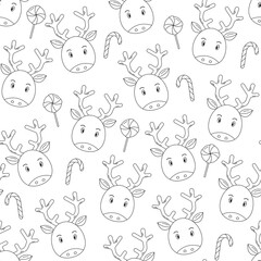 Seamless Black and White Christmas pattern with doodle reindeers and lollipops on a white background. Wrapping paper design.