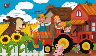 cartoon ranch scene with happy farmer family and dog illustration