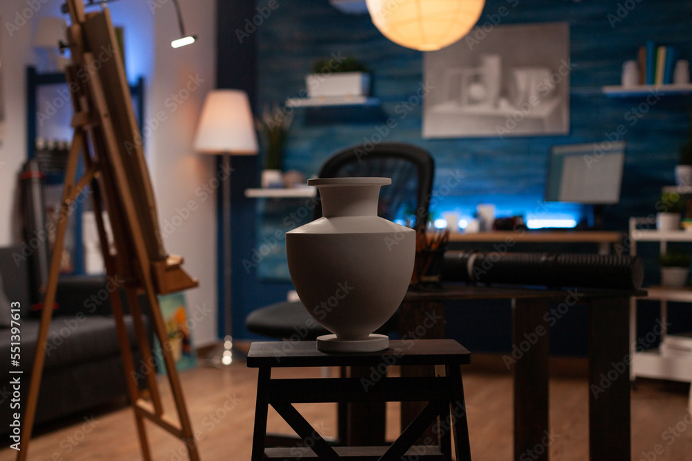 Poster empty art creation studio. drawing artist workspace filled with creative tools. clear workshop with 