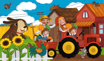 cartoon ranch scene with happy farmer family and dog illustration