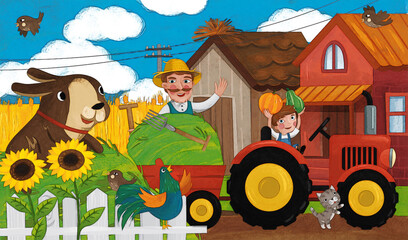 cartoon ranch scene with happy farmer family and dog illustration