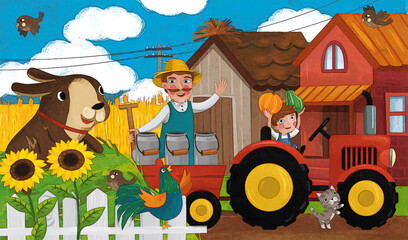 cartoon ranch scene with happy farmer family and dog illustration