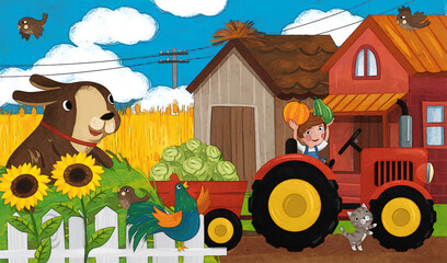 cartoon ranch scene with happy farmer family and dog illustration