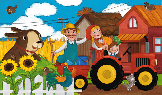 cartoon ranch scene with happy farmer family and dog illustration