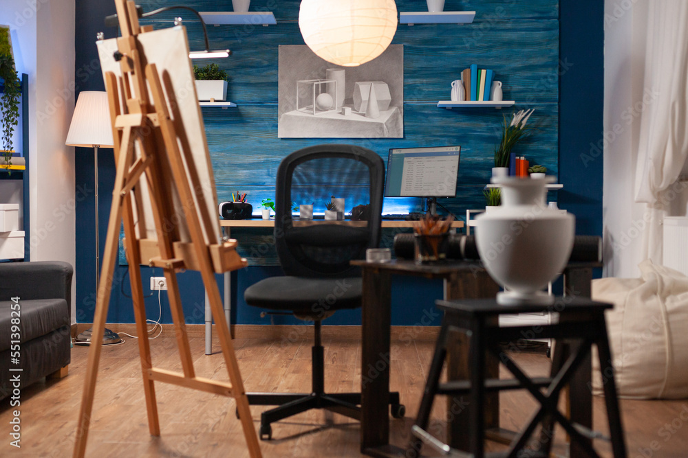 Poster empty crafts work area inside sketcher lonely apartment. unused artistic tools in drawing art studio