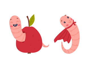 Funny Pink Worm Character with Long Tube Body in Apple Hole and Wearing Cape Vector Set