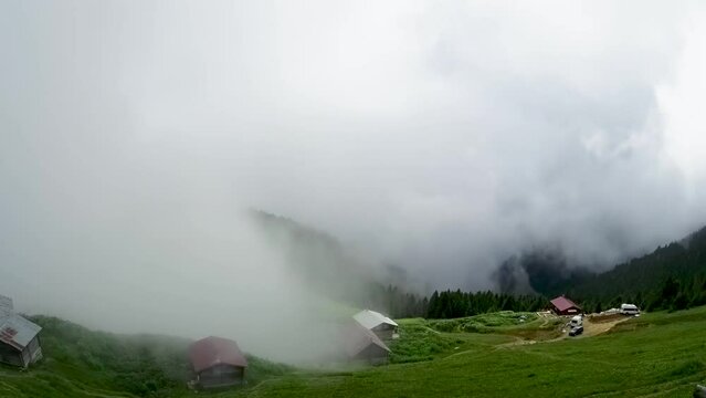 Time lapse video of Pokut plateau in the Black Sea Karadeniz region in Rize, Turkey. Traditional wooden houses of Black Sea region highlands. Pokut is one of Rize's highest altitude summer resorts.