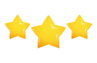 Three shiny glossy yellow stars, star vector illustration for rating or review for mobile and web, game elements