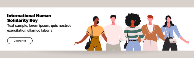 Group portrait of smiling men and women, embracing each other. International Human Solidarity Day. Concept of global equality and human solidarity. Happy people isolated on white background.