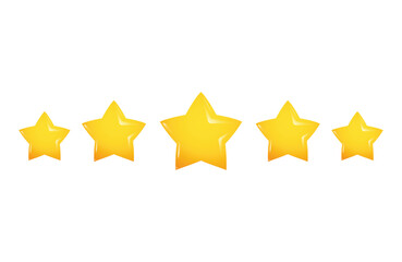 Five stars rating review icon, shiny yellow stars vector illustration, star symbol for mobile games or web pages