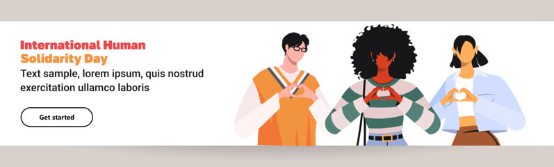 Group of modern people standing together making or gesturing heart symbol with fingers in support of International Human Solidarity Day. Global equality concept. Suitable for greeting card poster.