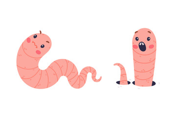 Funny Pink Worm Character with Long Tube Body Vector Set