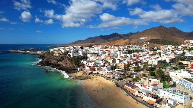 Fuerteventura Canary islands. aerial drone video of Morro Jable town and beautiful sandy beach. popular tourist resort