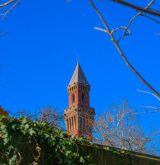 Fototapeta na wymiar Tall clock tower against a clear blue sky