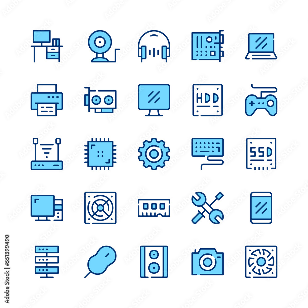 Poster computer hardware line icons. blue color. vector line icons set