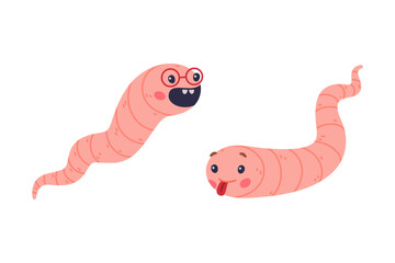 Funny Pink Worm Character with Long Tube Body Vector Set