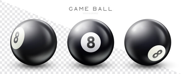 Billiard, black pool ball with number 8 Snooker or lottery ball on transparent background Vector illustration