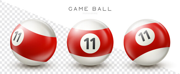 Billiard, red pool ball with number 11 Snooker or lottery ball on transparent background Vector illustration