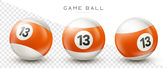 Billiard, orange pool ball with number 13 Snooker or lottery ball on transparent background Vector illustration