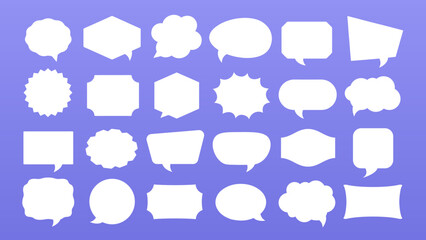 Abstract white geometric shapes set. Outline blank frame templates, speech bubbles, badges, price tags, sticker, think cloud. Silhouette icons