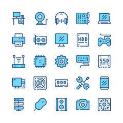 Computer hardware line icons. Blue color. Vector line icons set