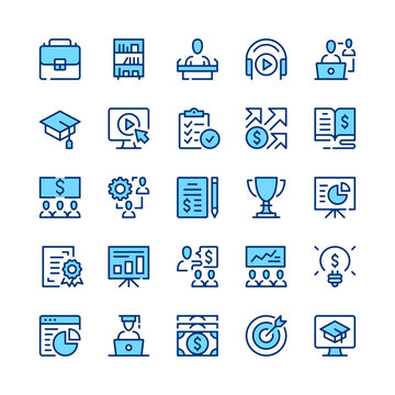 Business training line icons. Blue color. Vector line icons set