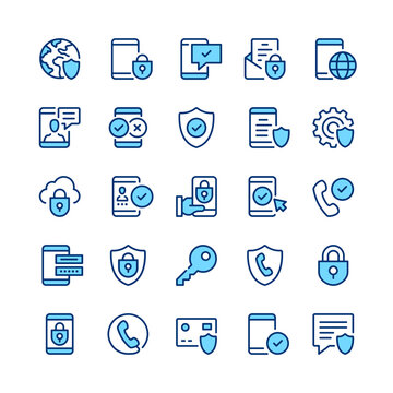 Mobile security line icons. Blue color. Vector line icons set