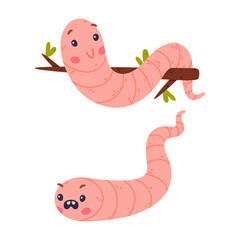 Funny Pink Worm Character with Long Tube Body Hanging on Tree Branch and with Angry Face Vector Set