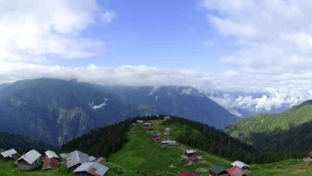 Time lapse video of Pokut plateau in the Black Sea Karadeniz region in Rize, Turkey. Traditional wooden houses of Black Sea region highlands. Pokut is one of Rize's highest altitude summer resorts.